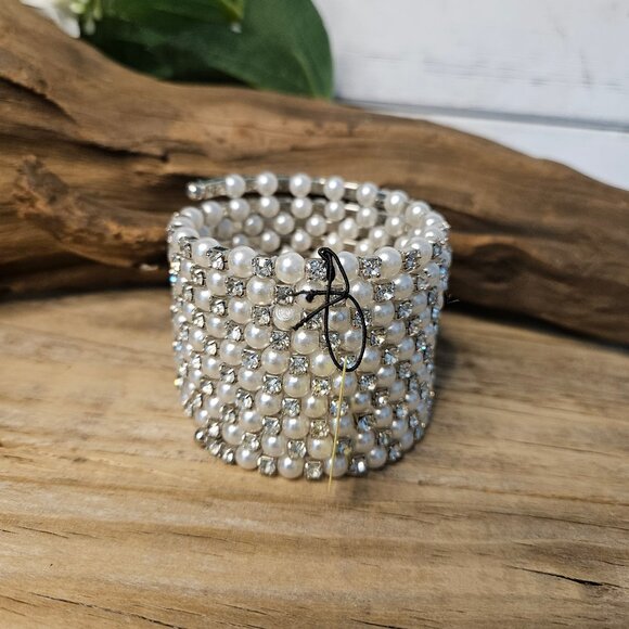 new touch Jewelry - Pearl Rhinestone wide coil -wrap Bracelet